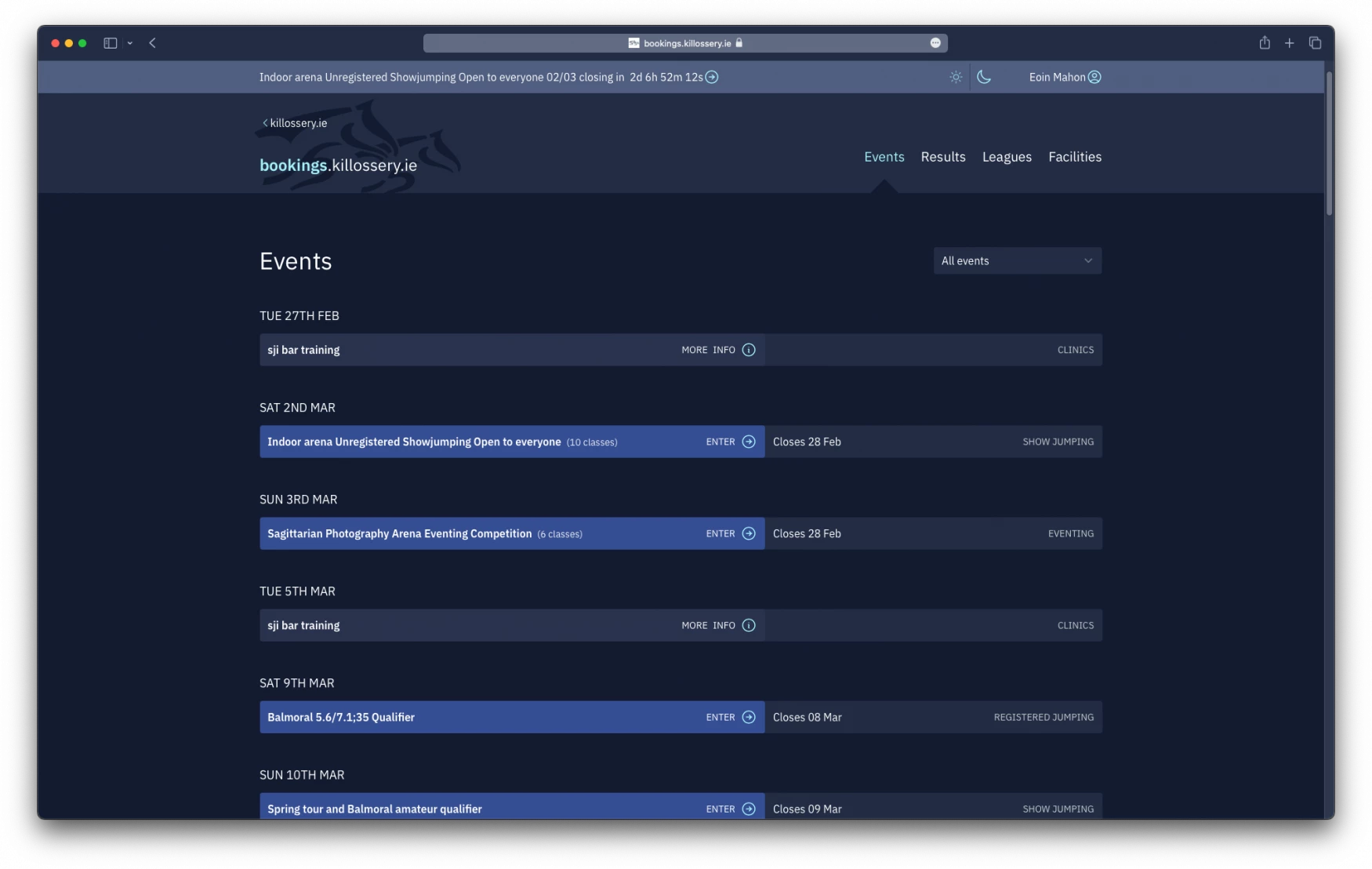 Events listing page